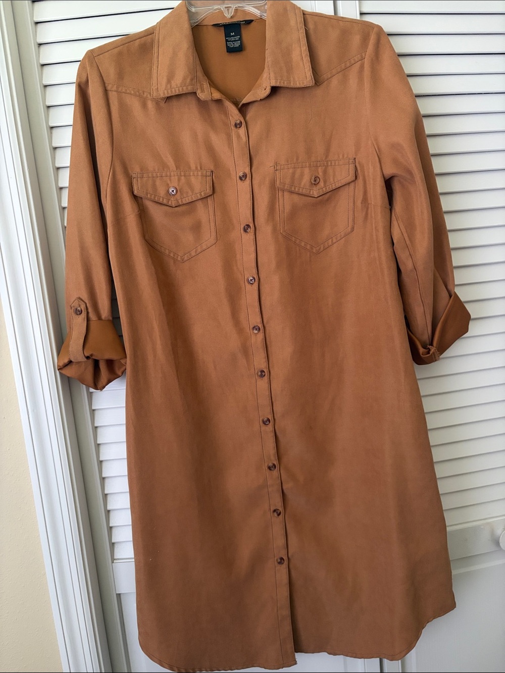 Button-Front Long Sleeve Shirt Dress in Caramel Brown